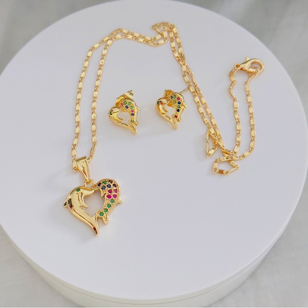 Dolphin Necklace Set. 14K Gold Plated. New